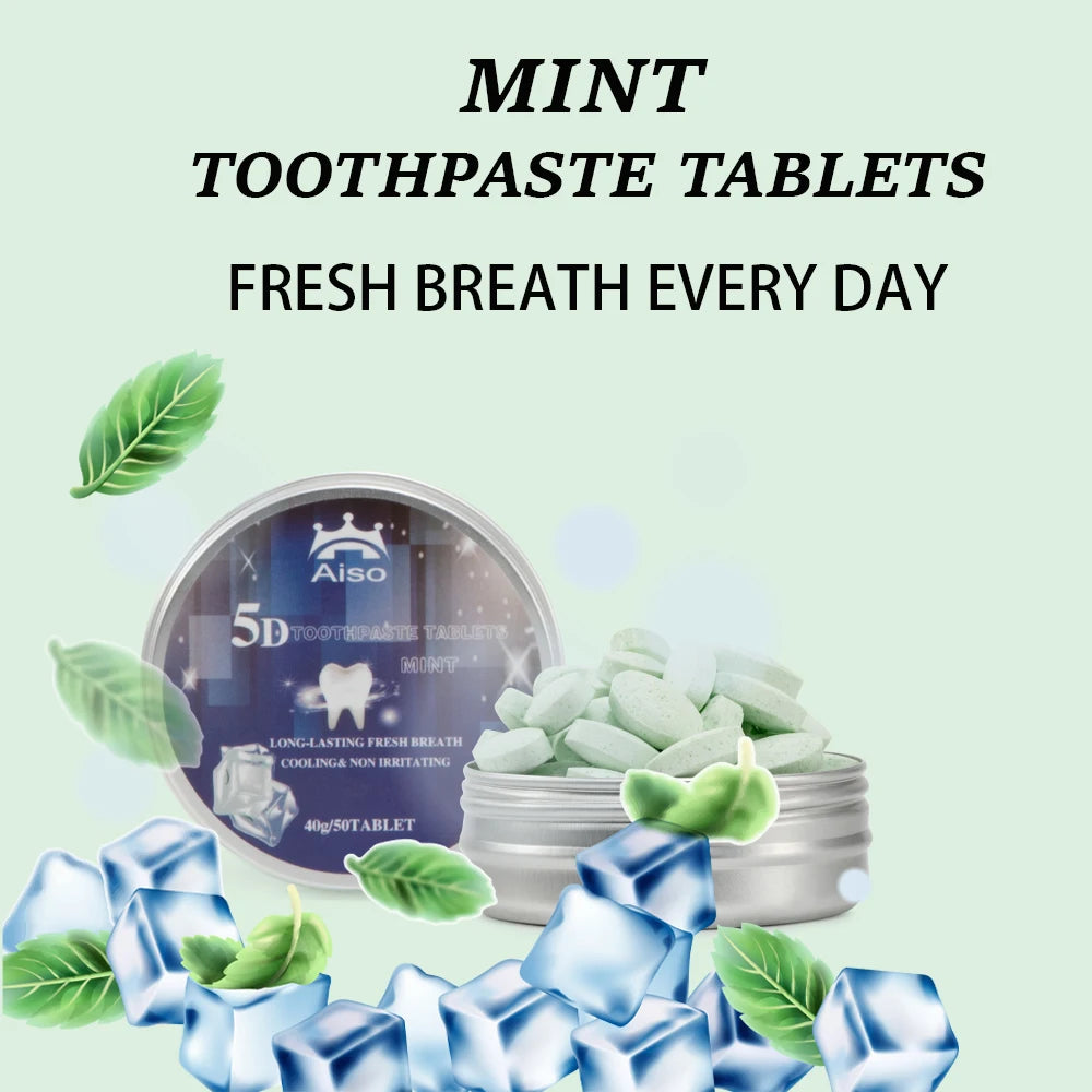 Chewable Travel Toothpaste Tablets – 50 All-in-One Mint Tablets for Fresh Breath & Deep Cleaning