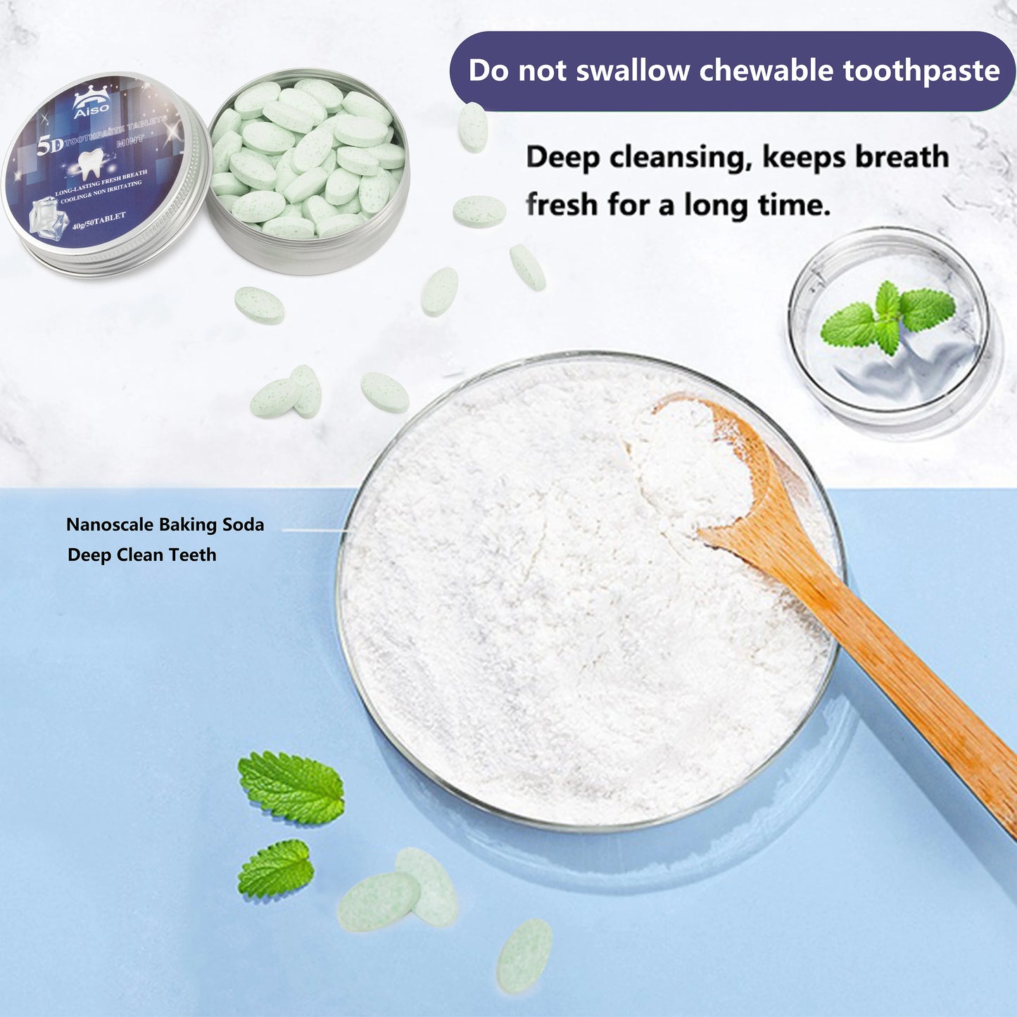 Chewable Travel Toothpaste Tablets – 50 All-in-One Mint Tablets for Fresh Breath & Deep Cleaning